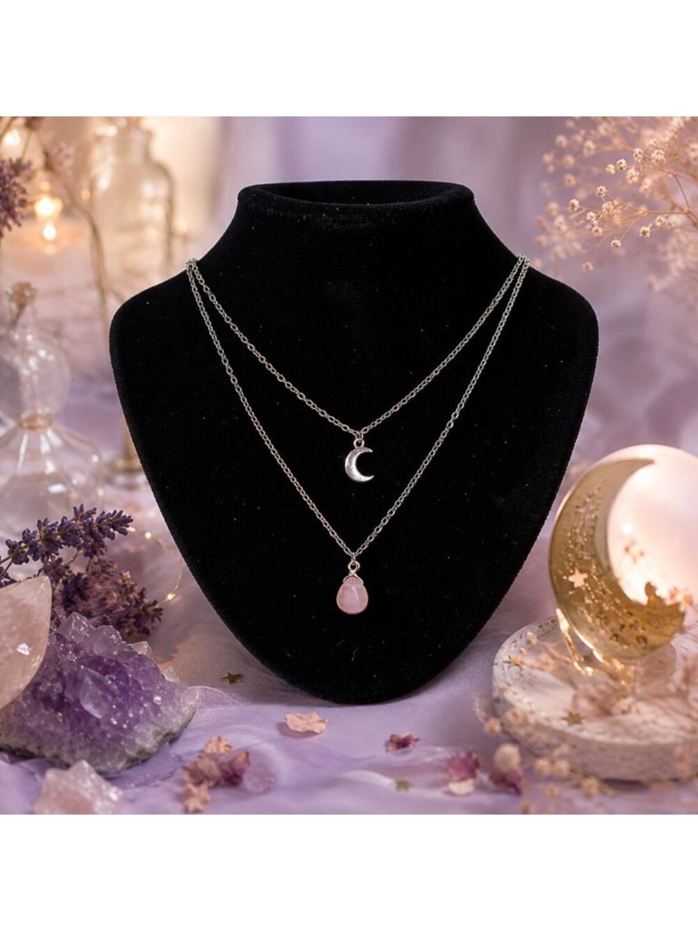 Celestial Rose Quartz Moon Layered Necklace Silver Tone Jewelry Pink Gemstone